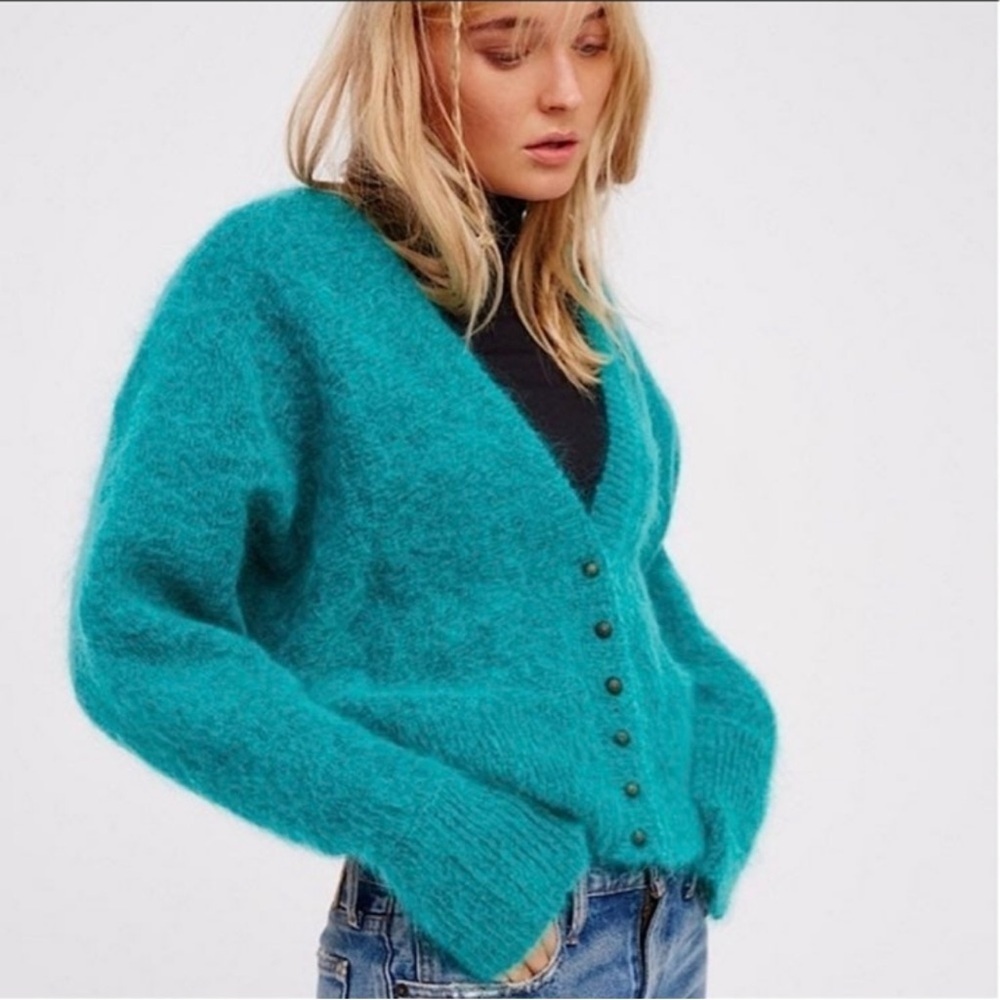 Free People Mohair Wool Blend Aqua Green Blue Knit Cardigan Sweater Womens XS